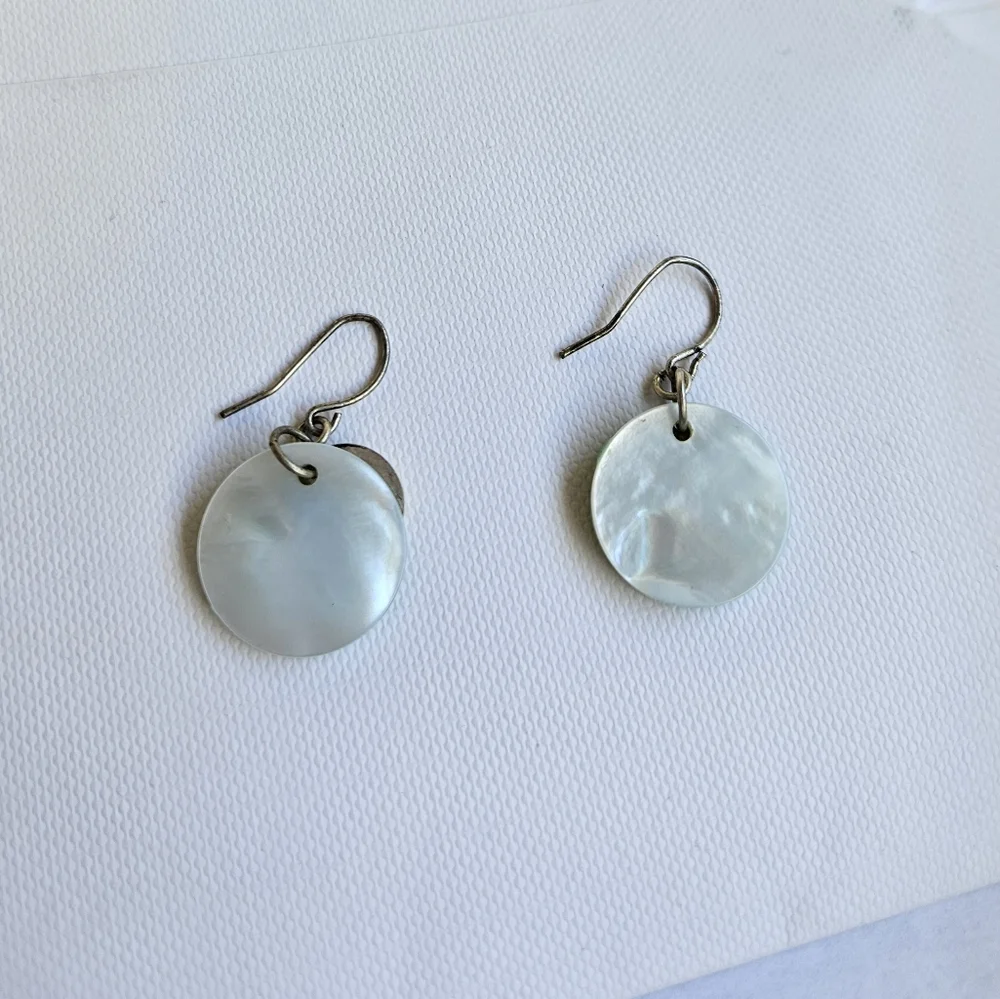 Teal Blue & White Enamel Disc Hanging Earrings - Picture 4 of 6
